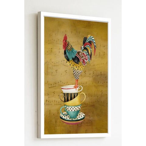 Quadro Decorativo Galo Nas Xícaras - 70x50cm:moldura Preta