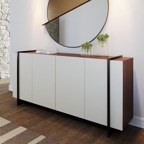 Aparador Buffet Miami 160cm 4 Portas Off White Nogueira Preto e Dourado