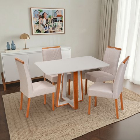 Conjunto Sala de Jantar Mesa Viena com 4 Cadeiras Madeira Maciça Estofada e Bordada Liz Espresso Móv