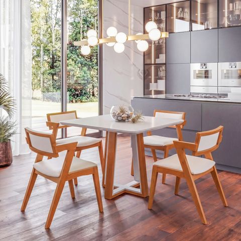 Conjunto Mesa Viena com 4 Cadeiras Madeira Maciça e Estofada Ímola Espresso Móveis Marrom/Champagnhe/Off White
