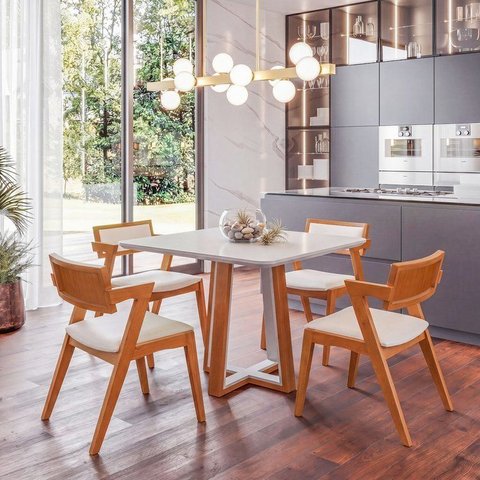 Conjunto Mesa Viena 4 Lugares com Tampo Off White e 4 Cadeiras em Madeira Maciça Estofadas Ímola