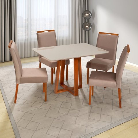 Conjunto Mesa Itália com 4 Cadeiras Madeira Maciça e Estofada Bella Espresso Móveis Marrom/Champagnh