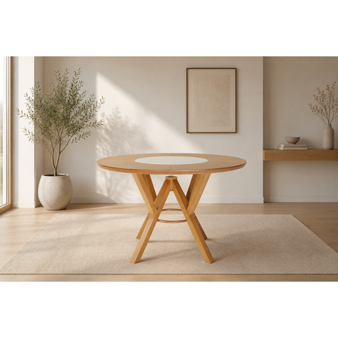 Mesa de Jantar Redonda Camélia com Vidro Giratório no Tampo Marrom/Amendoa