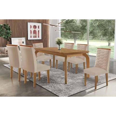Sala Jantar Mesa Londrina Tampo Curvo 180cm+6 Cadeiras Maldivas Madeira Naturale - Capuccino/linho