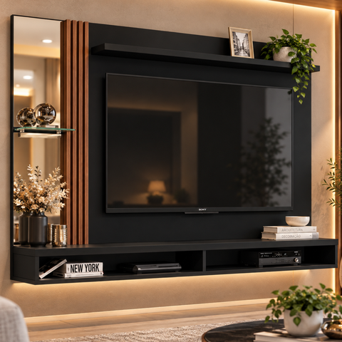 Painel para TV até 55 Polegadas Moderno com Espelho Ripado 160 cm - Preto/Nature