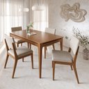 Ver imagem 1 de Conjunto Mesa de Jantar Addar 4 Cadeiras Madeira Maciça Estofadas Ella Canella/Linho Off White