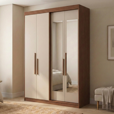 Guarda Roupa Solteiro com Espelho 4 Portas 2 Gavetas 100% MDF Manila Carvalho Vermontt/Off White