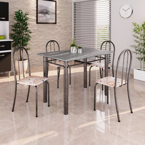 Conjunto de Mesa Tubular 100cm x 60cm Tampo em Granito com 4 Cadeiras Prata/Bege