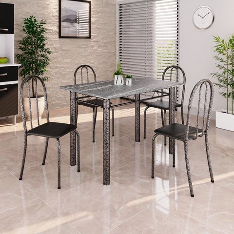 Conjunto de Mesa Tubular 100cm x 60cm Tampo em Granito Escuro com 4 Cadeiras Preto/Prata