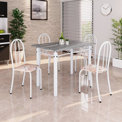 Conjunto de Mesa Tubular 100cm x 60cm Tampo em Granito com 4 Cadeiras Branco/Bege