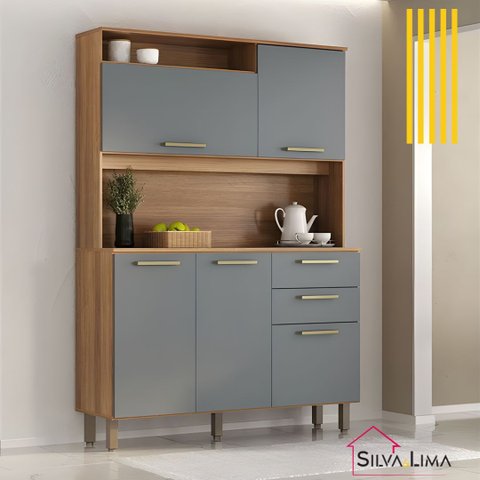 Kit Cozinha Compacta 5 Portas Luciane:Avelã/Cinza Supremo