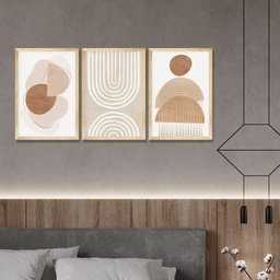 Kit 3 Quadros Decorativo Sala Ambiente Moldura Pinus Geométrico Minimalista Moderno - 3