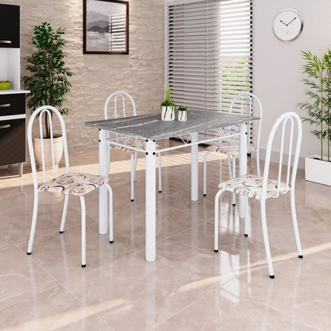 Conjunto de Mesa Tubular 100cm x 60cm Tampo em Granito com 4 Cadeiras Arabesco/Branco