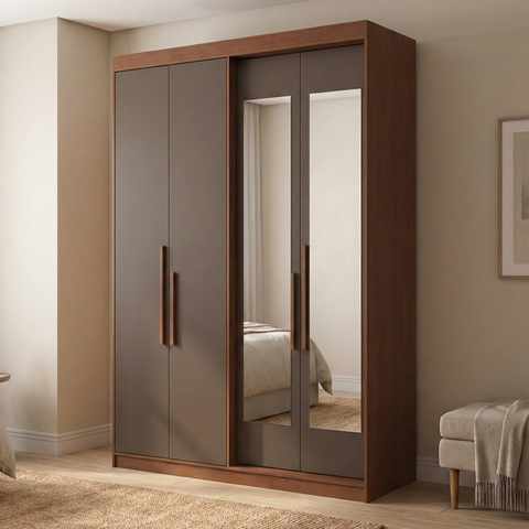 Guarda Roupa Solteiro com Espelho 4 Portas 2 Gavetas 100% MDF Manila Carvalho Vermontt/Fendi Marrom