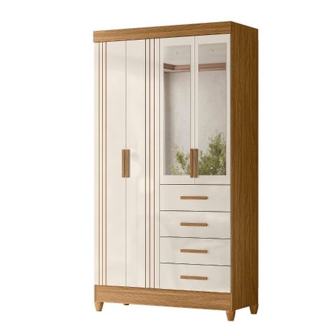 Guarda Roupa Roupeiro Milão 4 Portas 4 Gavetas Detalhes Frisados e Espelho Freijó Off White Moval