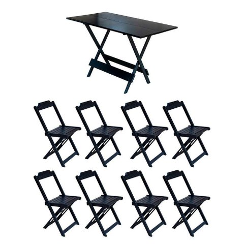 Jogo De Mesa Dobrável 1,20X70 Em Madeira Maciça Com 8 Cadeiras - Preto - Preto