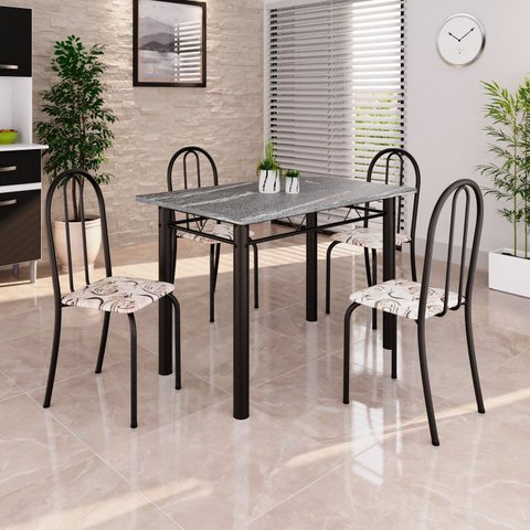 Conjunto de Mesa Tubular 100cm x 60cm Tampo em Granito com 4 Cadeiras Preto/Arabesco