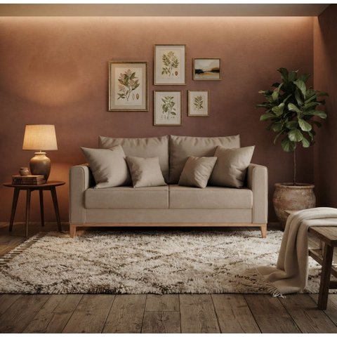 Sofá Namoradeira Beny Base em Madeira Maciça Suede Bege