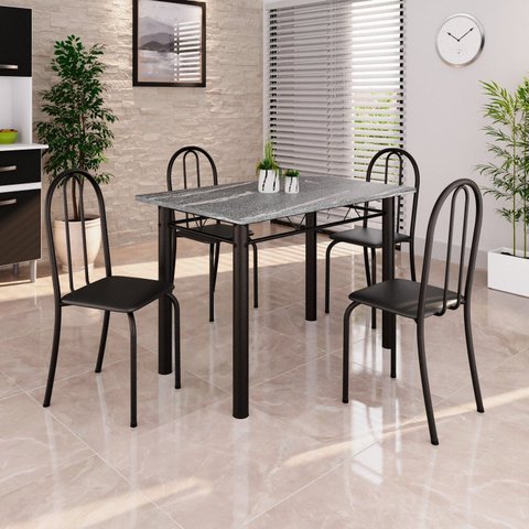 Conjunto de Mesa Tubular 100cm x 60cm Tampo em Granito com 4 Cadeiras Preto