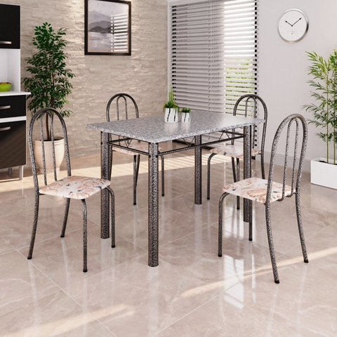 Conjunto de Mesa Tubular 100cm x 60cm Tampo em Granito com 4 Cadeiras Prata/Bege