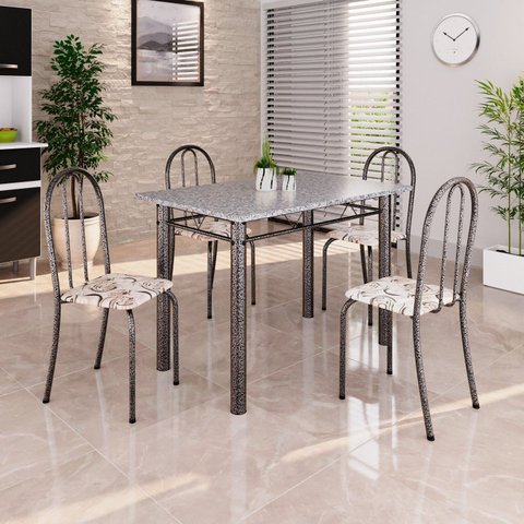 Conjunto de Mesa Tubular 100cm x 60cm Tampo em Granito com 4 Cadeiras Arabesco/Prata