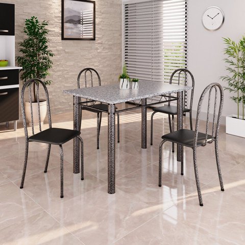 Conjunto de Mesa Tubular 100cm x 60cm Tampo em Granito com 4 Cadeiras Preto/Prata