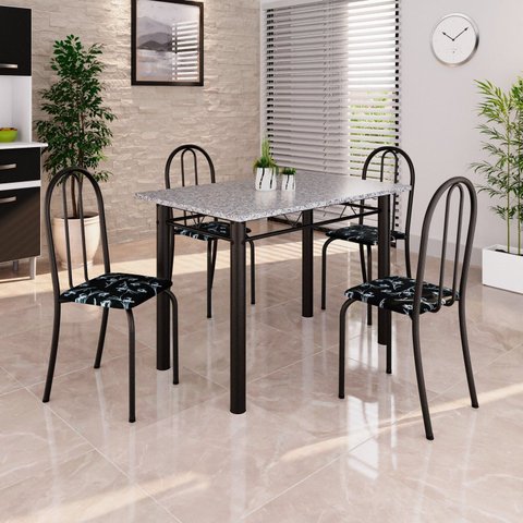 Conjunto de Mesa Tubular 100x60cm Tampo em Granito com 4 Cadeiras Prata/Preto