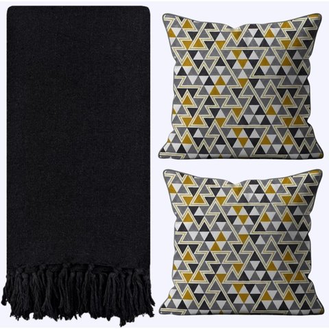 Kit 1 Manta para Sofá 2,40 X 1,80 + 2 Capas de Almofada Cor:preto-amarelo