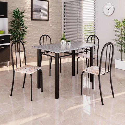 Conjunto de Mesa Tubular 100x60cm Tampo em Granito com 4 Cadeiras Preto/Bege