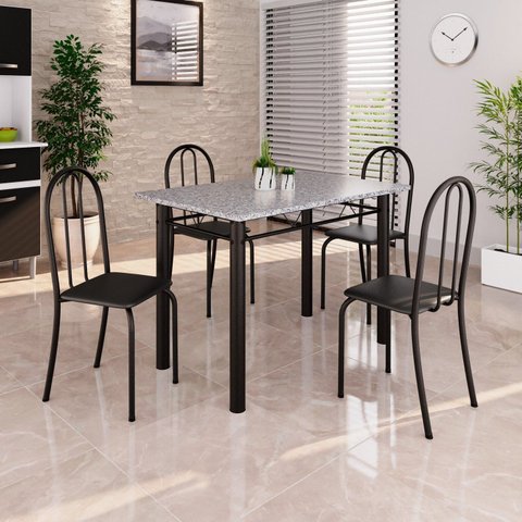 Conjunto de Mesa Tubular 100x60cm Tampo em Granito com 4 Cadeiras