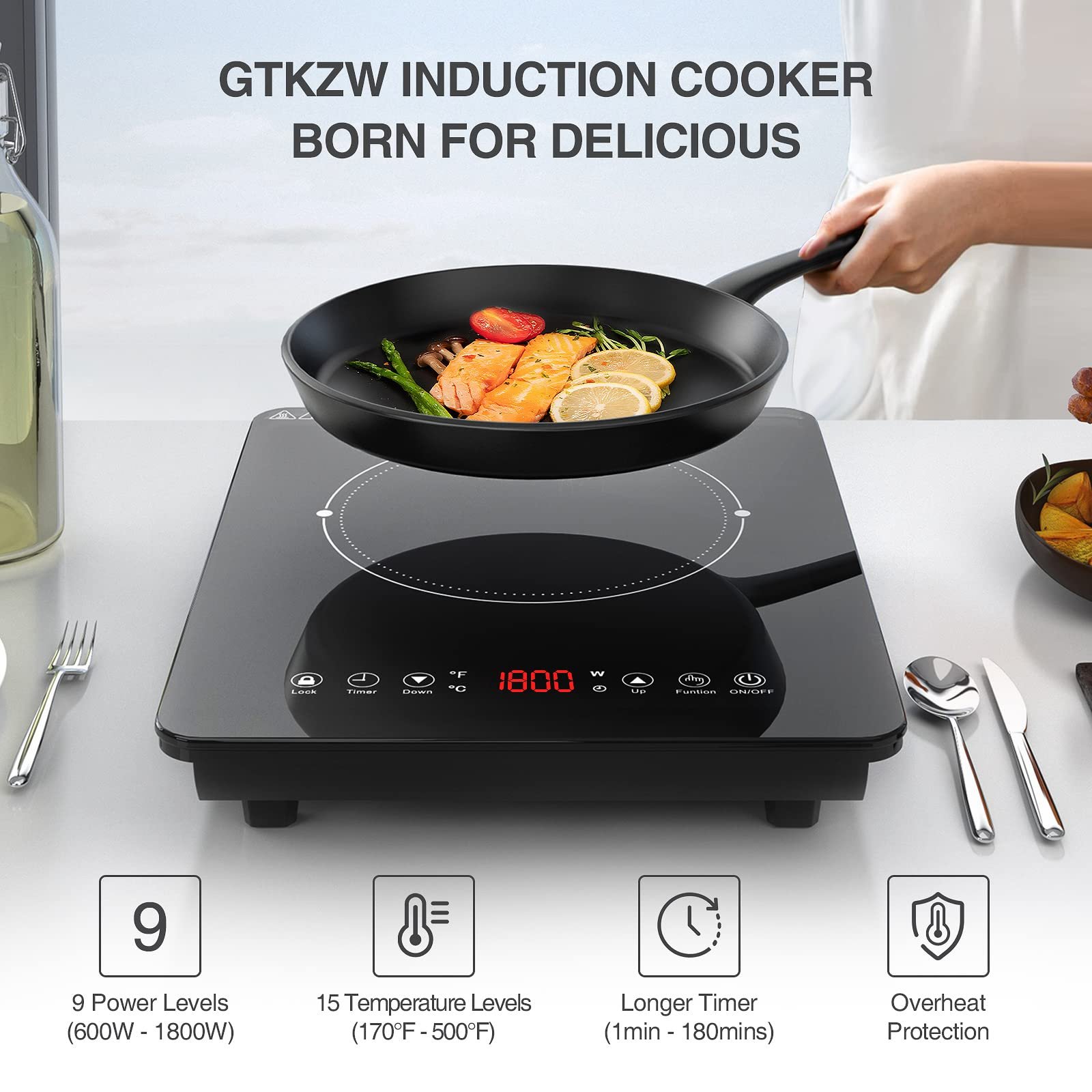 Gtkzw Cooktop de Indução Portátil 1800w com 9 Níveis de Potência (preto) - 5