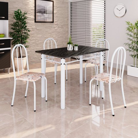 Conjunto de Mesa Tubular 100x60cm Tampo em Ardósia Indiano com 4 Cadeiras Branco/Bege