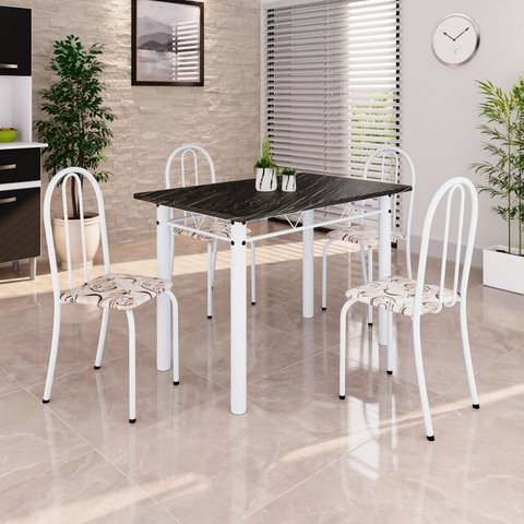 Conjunto de Mesa Tubular 100x60cm Tampo em Ardósia Indiano com 4 Cadeiras Branco/Arabesco