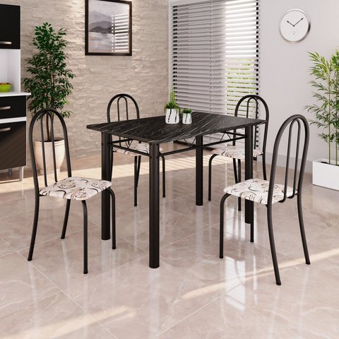 Conjunto de Mesa Tubular 100x60cm Tampo em Ardósia Indiano com 4 Cadeiras Preto/Arabesco