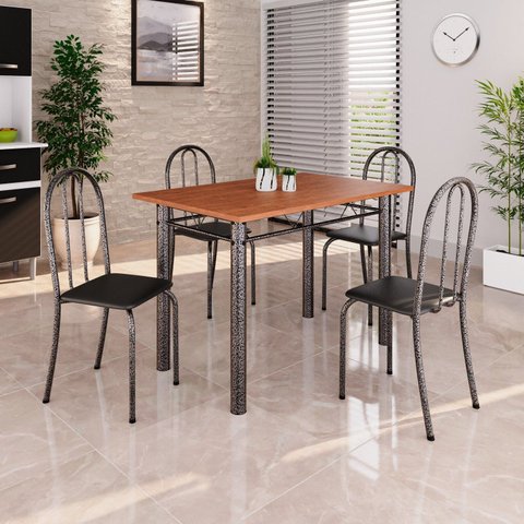 Conjunto de Mesa Tubular 100x60cm Tampo em MDF com 4 Cadeiras Prata/Preto
