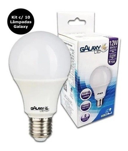 Kit C/ 10 Lâmpadas Led 12w 6500k Luz Branca Biv E27 Galaxy - 1