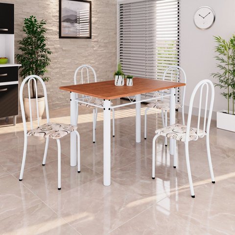 Conjunto de Mesa Tubular 100x60cm Tampo em MDF com 4 Cadeiras Branco/Arabesco