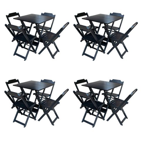 Kit 4 Jogos De Mesa Com 4 Cadeiras De Madeira Dobravel 60X60 - Preto - Preto