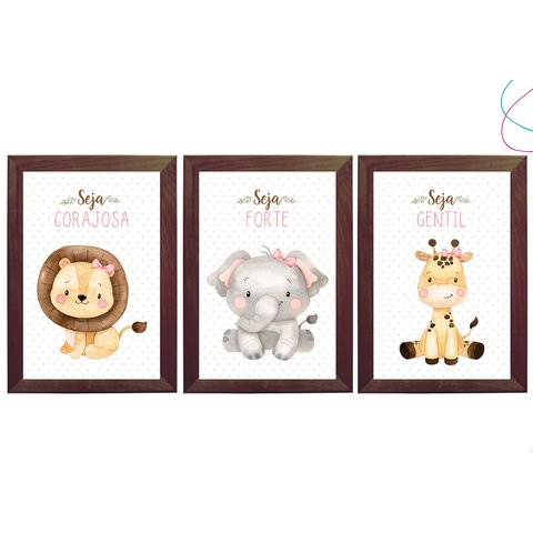 Kit 3 Quadros Decorativos com Vidro e Moldura -safari Menina:tabaco