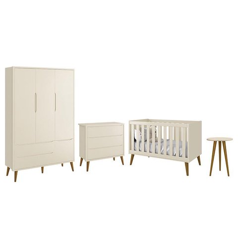 Dormitório Infantil Theo Retrô 3 Portas, Cômoda, Berço e Mesa de Apoio Areia Fosco com Pés