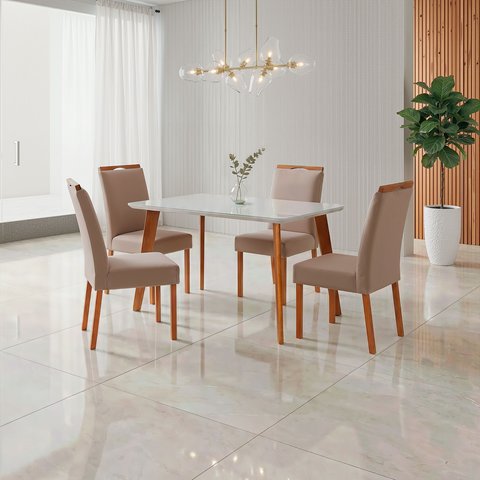 Conjunto Mesa Verona com 4 Cadeiras Madeira Maciça e Estofada Bella Espresso Móveis Bege/Champagnhe/Off White