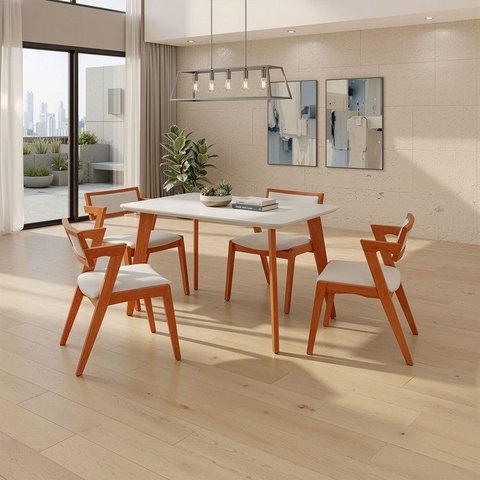 Conjunto Mesa e 4 Cadeiras Madeira Maciça, Tampo Off White e Assento Estofado Ímola