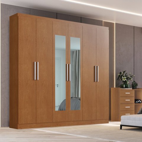 Guarda Roupa Casal 6 Portas 3 Gavetas Mônaco com Espelho Marrom/Vermontt
