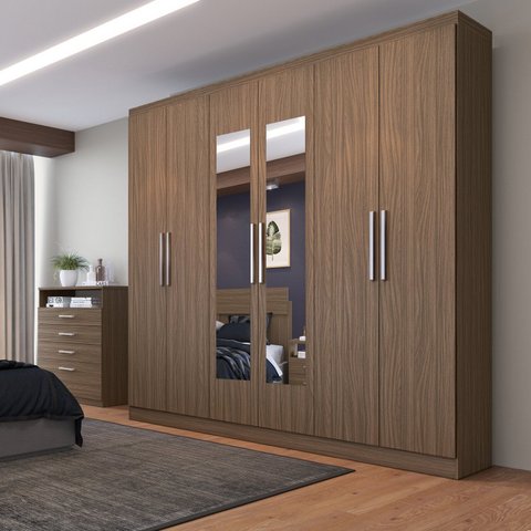 Guarda Roupa Casal 6 Portas 3 Gavetas Mônaco com Espelho Marrom/Nogueira
