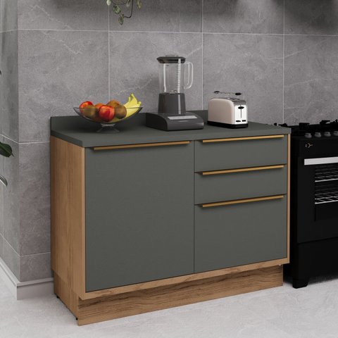 Balcão de Cozinha 120cm 1 Porta 3 Gavetas Viena Cinza/Freijó/Grafite