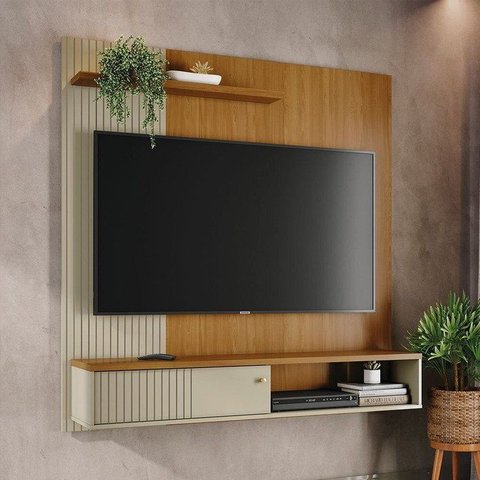 Painel Ripado para TV até 65 Polegadas com 1 Porta Deslizante Aurora Amadeirado Bege