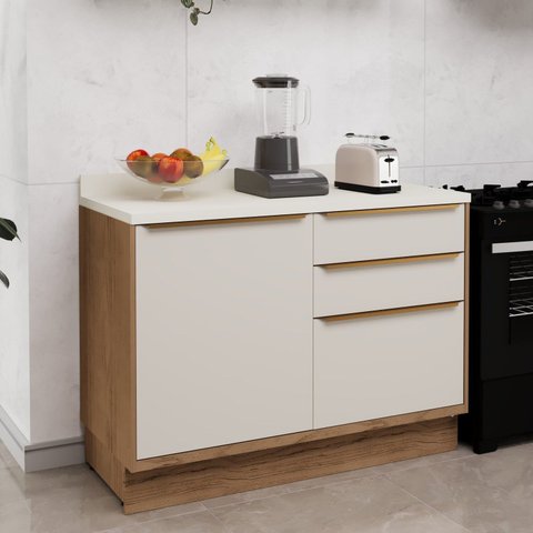 Balcão de Cozinha 120cm 1 Porta 3 Gavetas Viena Branco/Freijó/Cinza Argila