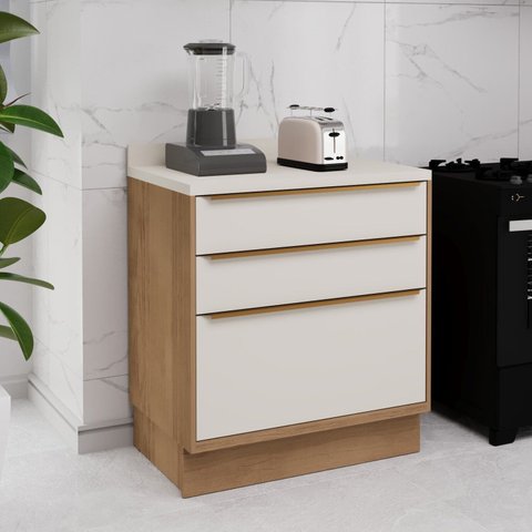 Balcão de Cozinha 80cm 3 Gavetas Viena Branco/Freijó/Cinza
