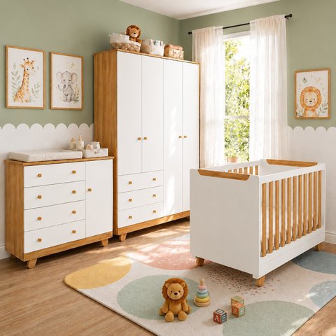 Quarto de Bebê Guarda-Roupa 4 Portas Cômoda e Berço Minicama 4 em 1 Levy 100% MDF Yescasa