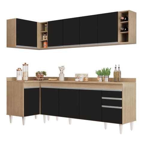 Armário de Cozinha Modulado de Canto Direito 5 Peças Cp44 Balcão com Tampo Castanho/preto - Lumil Lu